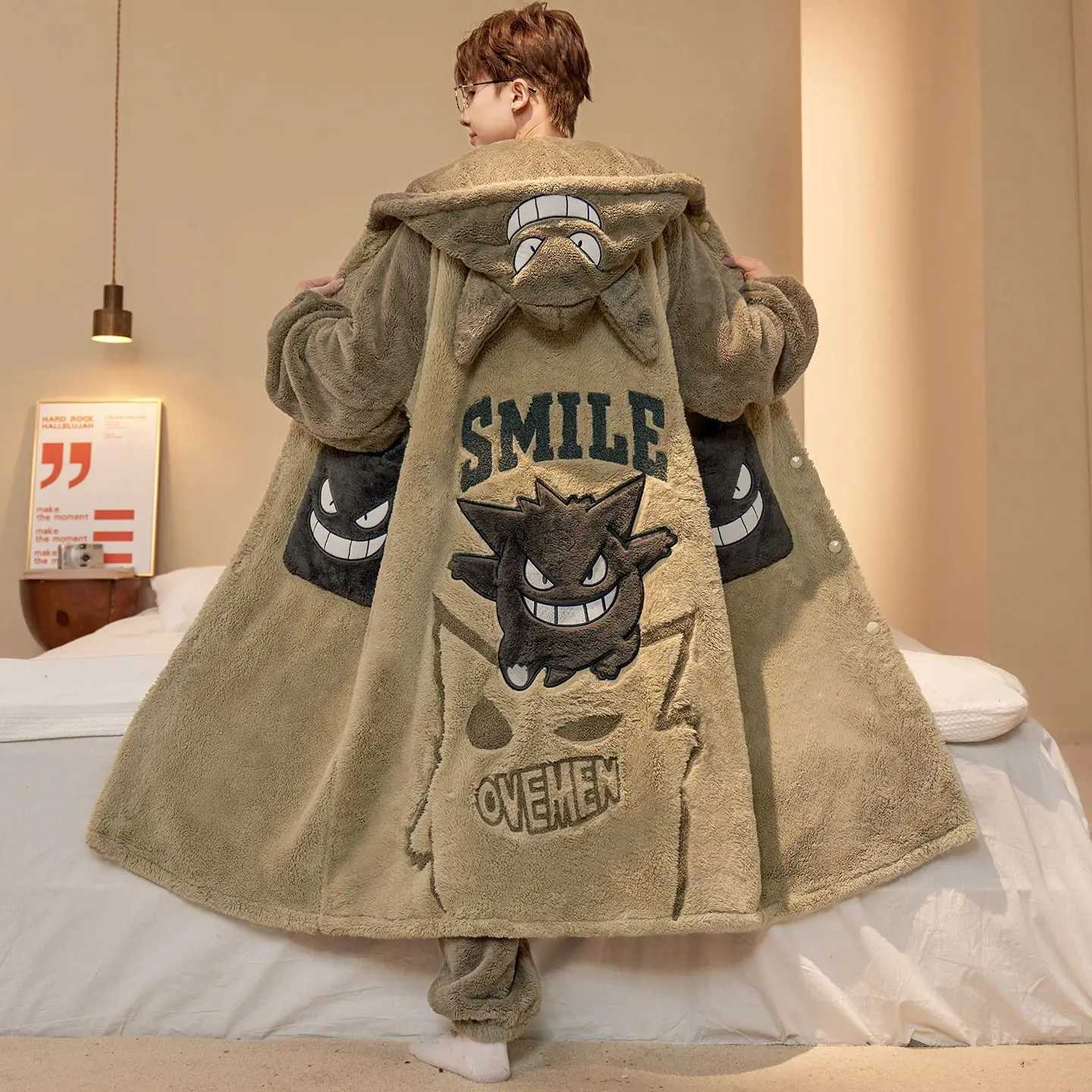 Lounge Women's Sleep Monster Cute Fashion Hooded Plush Robe Pajamas Set Warm Flannel Loungewear Soft Home Sleepwear Men Boys Daily Casual Comfort - view 6
