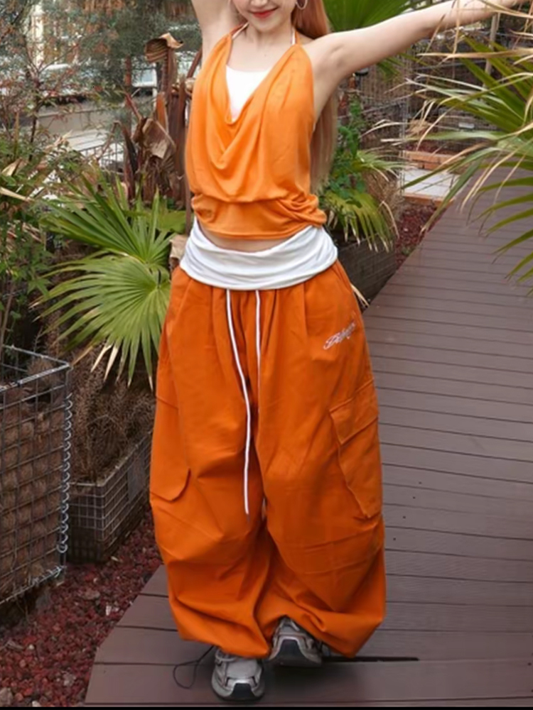 Dopamine Orange Wide Leg Women's American Hot Girl Jazz Street Dance Casual Loose Long Pants Versatile Cotton Linen Blend - view 6
