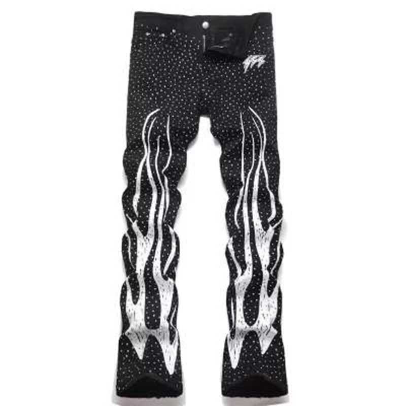 Men's Jeans Punk Flame Streetwear Solid Casual Denim Trousers Stage Dancing Rhinestone Print Washed Black Baggy Jeans HipHop Casual Denim Pa H260 - view 7