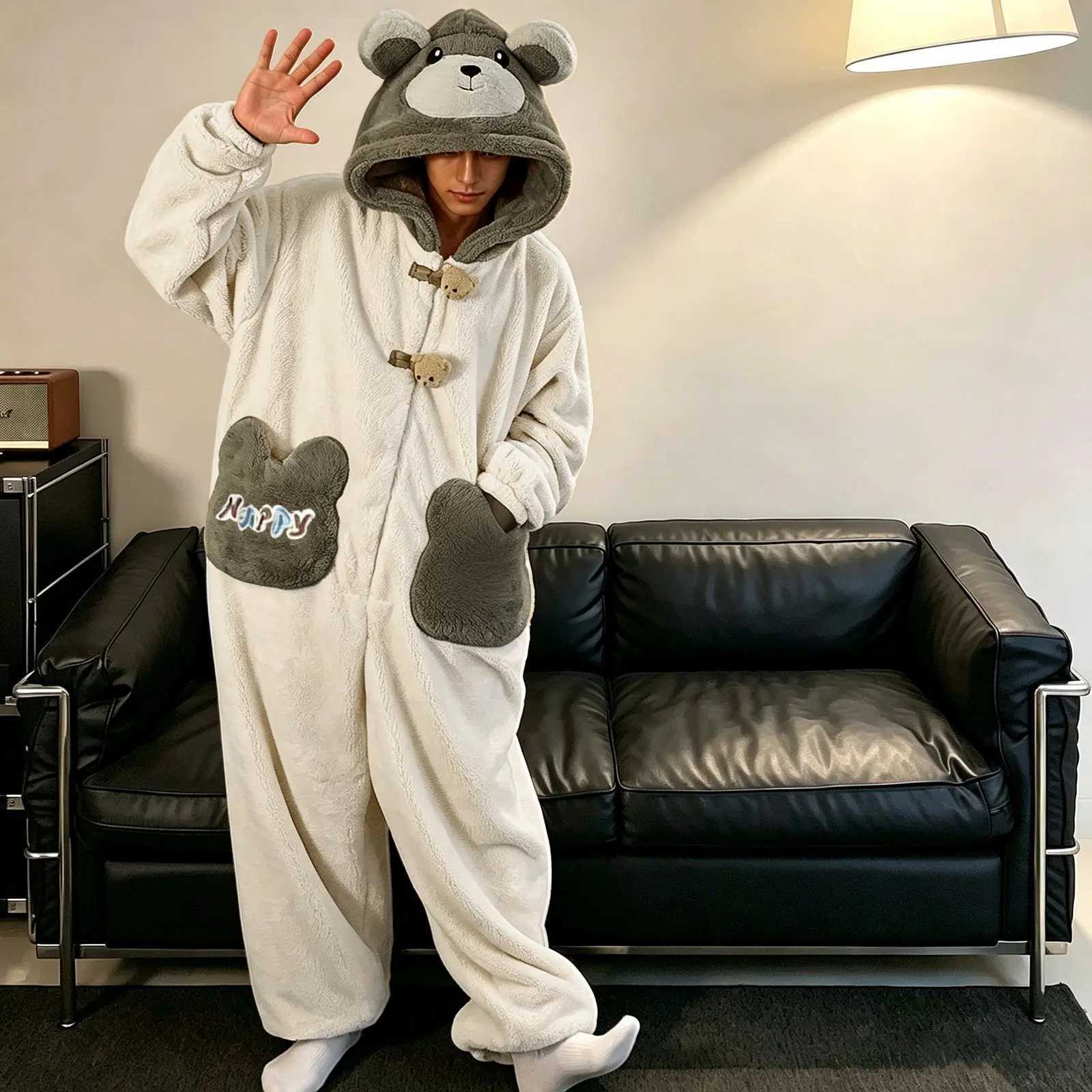 Sleep Lounge Women's Unisex Animal Onesie Plush Fleece Hooded Jumpsuit Cute Cartoon Bear Cosplay Pajama Warm Winter Sleepwear Loungewear With Poc - view 3