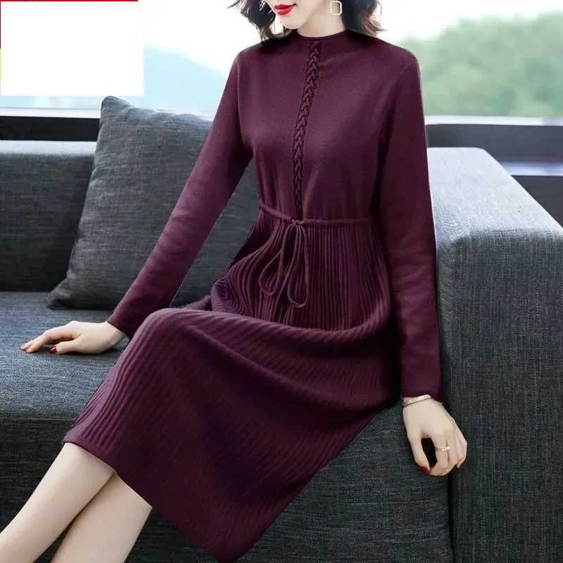 Lounge Women's Sleep Woolen Sweater Dress Mid to Long Women's Autumn And Winter Drawstring tie Waist Cinching Slimming Effect Base Knit Wool - view 3
