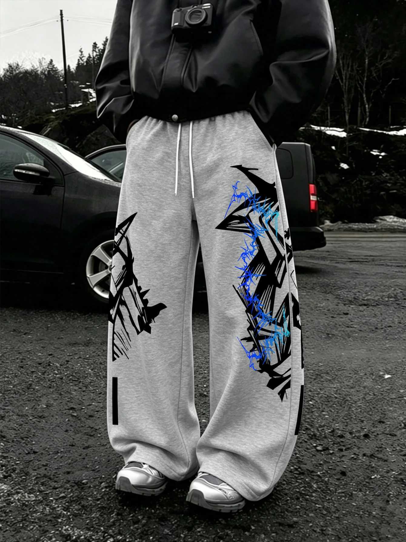 Men's Pants Y2K Abstract Blue Graffiti Geometric Print Mens Baggy Wide Leg Sweat Pants Loose Straight dr1 Hip Hop Street Joggers D260924
