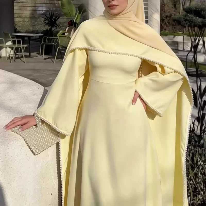 Sleep Lounge Women's White Pearl Trim Cape Maxi Dress Women Elegant Long Sleeve Cinched Waist Muslim Robes 2026 Spring EID Abaya Lady DressesC260 - view 7