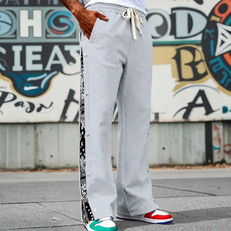 Men's Pants Men Wide Leg Sweatpants Side Button Paisley Patchwork Trousers Elastic dr1 Hip Hop Streetwear Loose Casual Sports Pants D260924 - view 4
