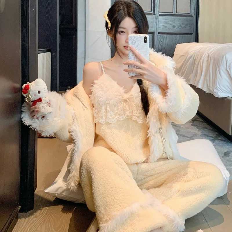 Sleep Lounge Women's Thick Coral Fleece Sleepwear Set Long Hooded Winter Home Clothes Sweet Cartoon Print Warm Home Suit Polyester Fiber Long Sle - view 4