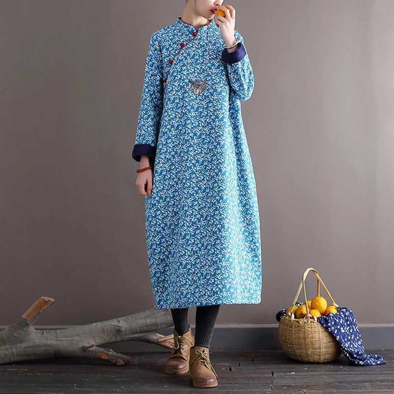 Sleep Lounge Women's Johnature Women Print Floral Dresses Stand Fleece Cheongsam Vintage Warm Winter Robes 2025 New Button Female Cotton DressesC