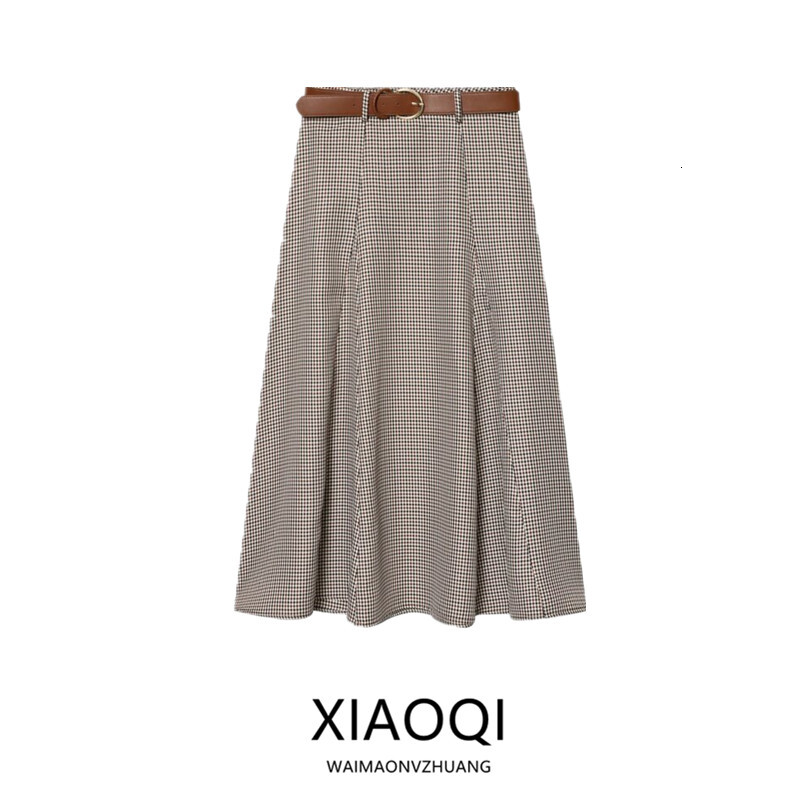 Winter New Women's Checkered Midi with Belt Half-length Cowl Neck Design Commute Style High Waist Loose Fit A-Line Skirt