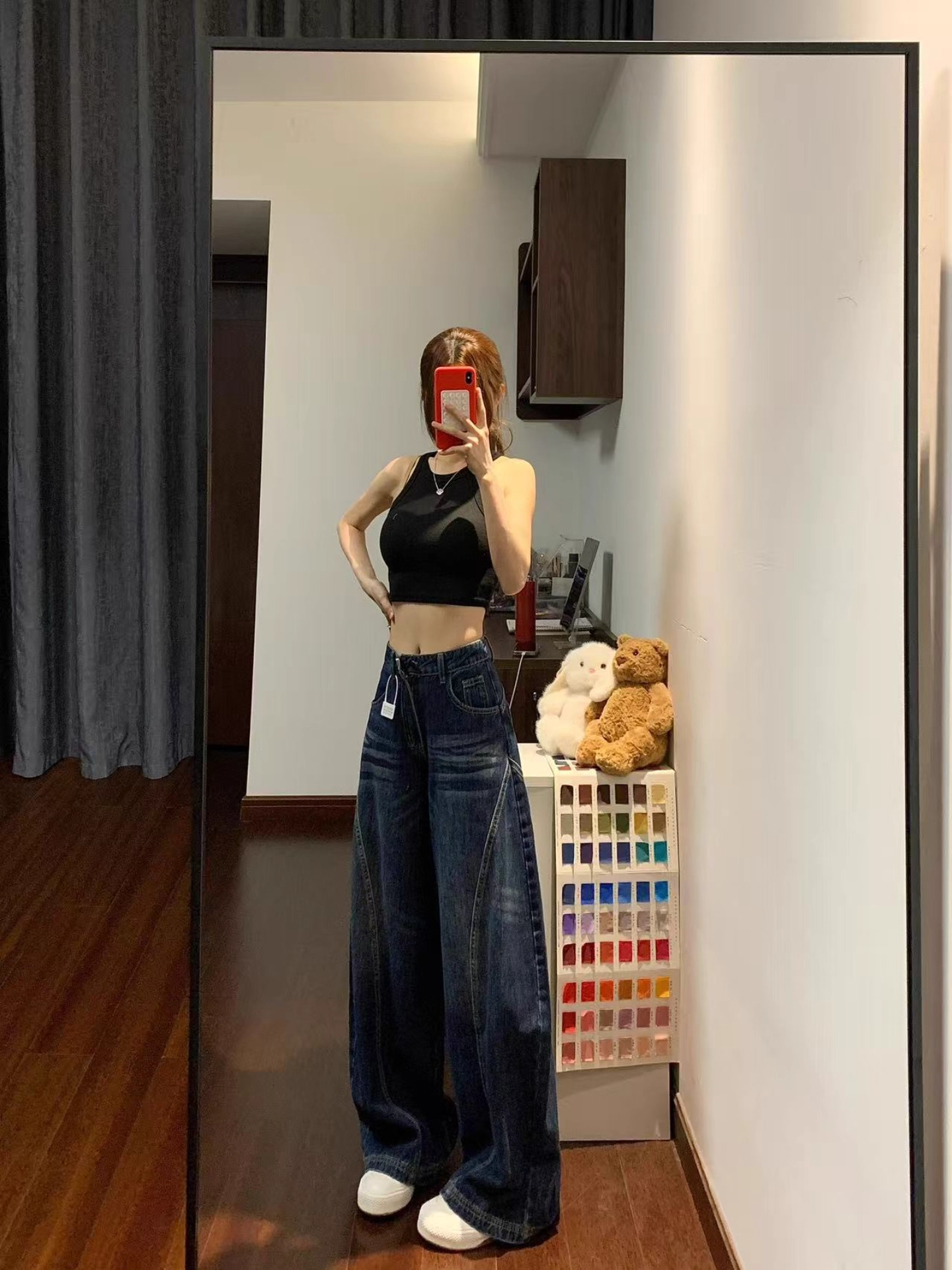 Deep Blue Wide Leg Denim Jeans Women's Early Autumn New American High Waist Loose Design Sense Floor-Length Pants - view 6