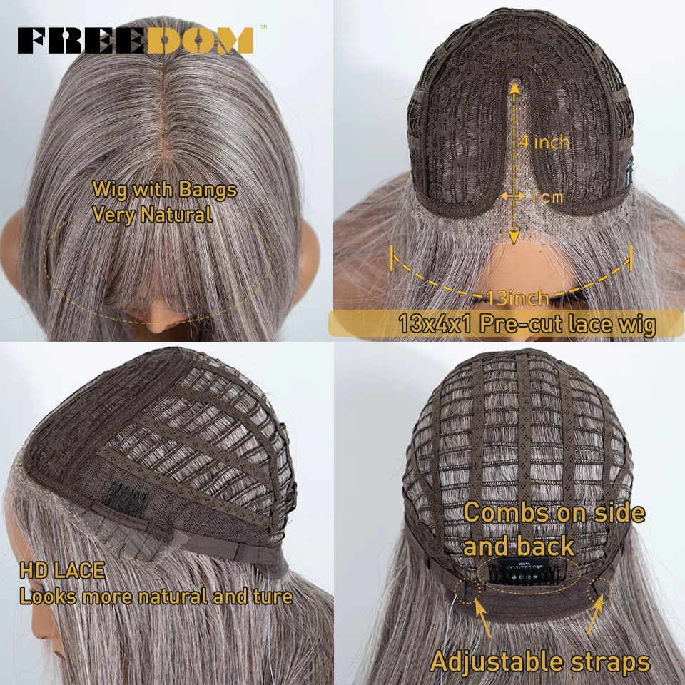 FREEDOM Straight Synthetic Lace Front Wig With Bangs 20 Inch Ombre Brown Blonde Layered Pre-cut Lace Wigs Pink Cosplay Wig 260922 - view 7