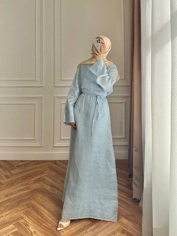 Sleep Lounge Women's Women' Dresses Elegant O-Neck Cotton Lined Back Lace Up Flare Sleeve Waist Cinching Long Robes Female Summer Lady Dress - view 6