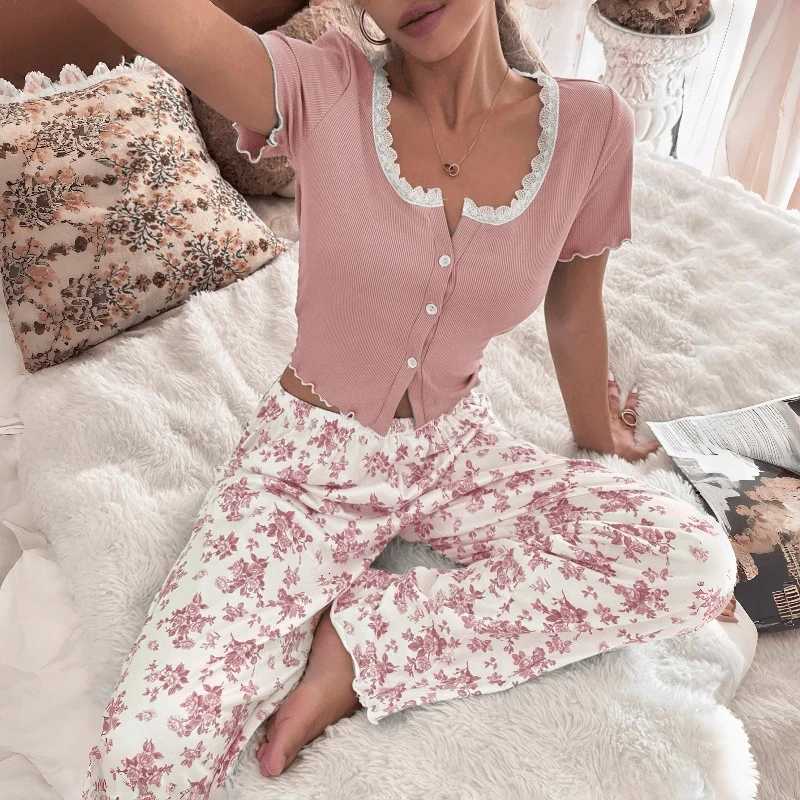 Women's Sleep Lounge European and American style home wear lace trim cardigan short-sleeve long pants women's pajama set suitable for outdoo