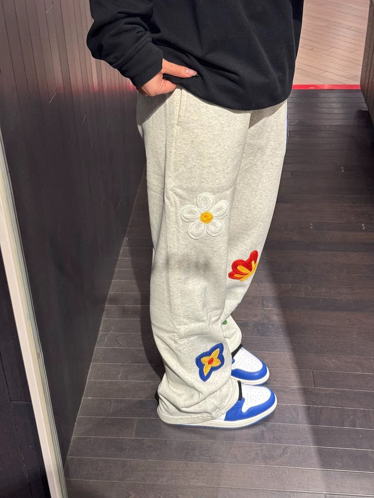 American floral embroidery curved hem sports pants, men's loose casual sports pants, slim fit micro flared sports pants, casual pants straight le - view 3