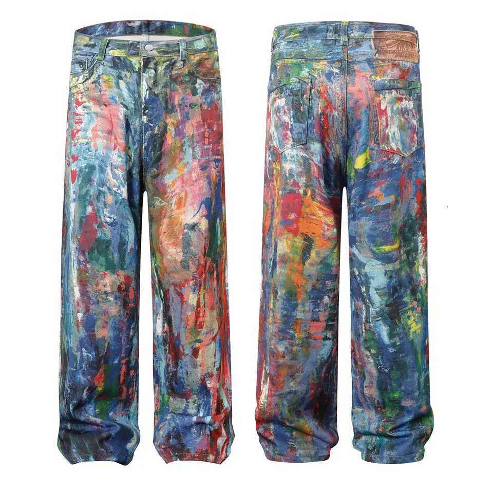 Men's Jeans Street Style Graffiti Baggy Jeans Men Distressed Rainbow Random Painting Pattern Straight Wide Leg Pants Hiphop Y2k Trousers H260924