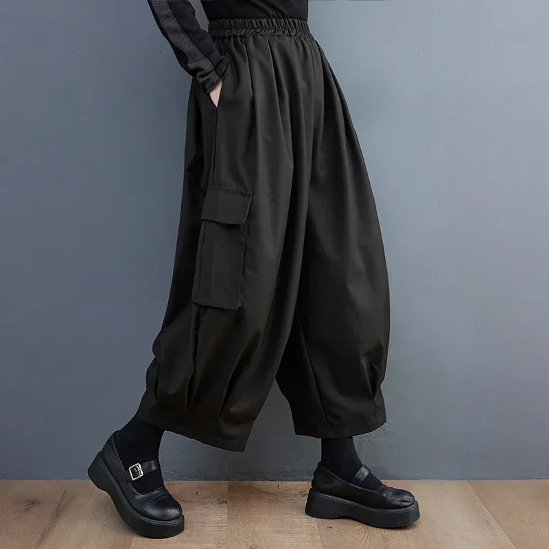 Spring Summer Black Vintage High Elastic Waist Oversized Cargo Pants Women Loose Casual Pocket Fashion Ladies Trousers 260928 - view 5