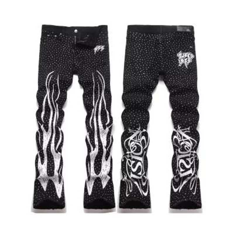 Men's Jeans Punk Flame Streetwear Solid Casual Denim Trousers Stage Dancing Rhinestone Print Washed Black Baggy Jeans HipHop Casual Denim Pa H260 - view 3