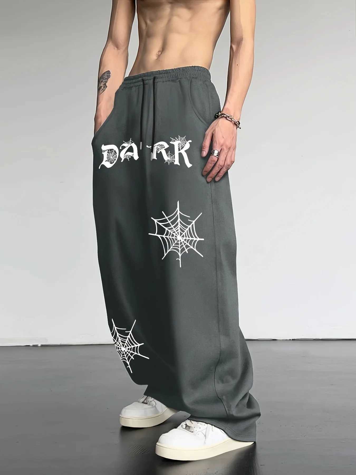Men's Pants Men Gothic Spider Web Dark Letter Print Sweatpants Oversize Draped Straight Leg Trousers High Street Loose Casual Pants S-3XL D260924