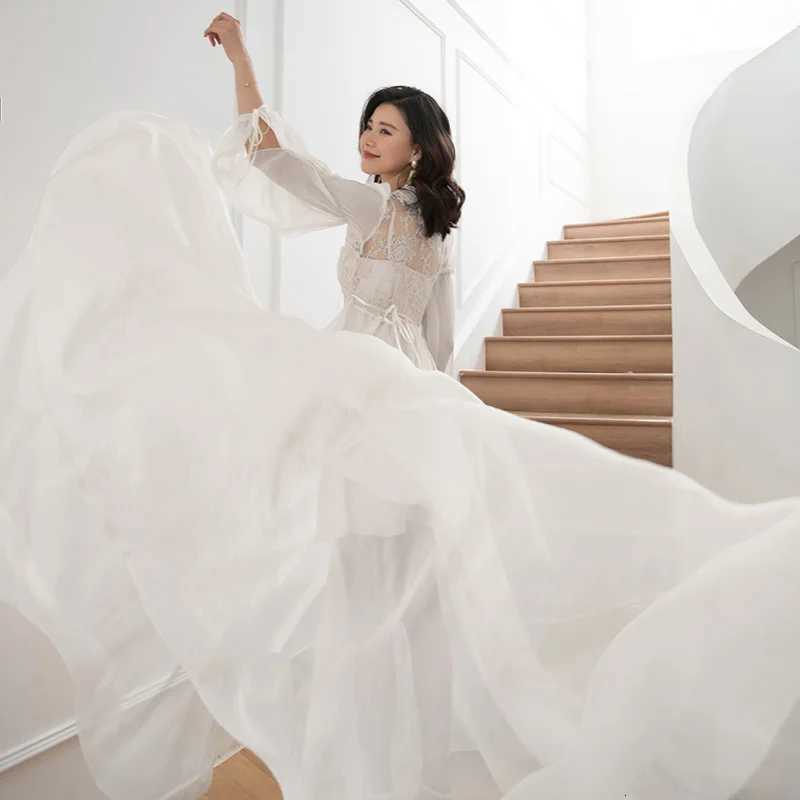 Lounge Women's Sleep Luxury Trail Bride Wedding Robe Nightgown French Elegant Kimono Bathrobe Gown Sleepwear Women Sexy Lace Perspective Home Dre - view 3