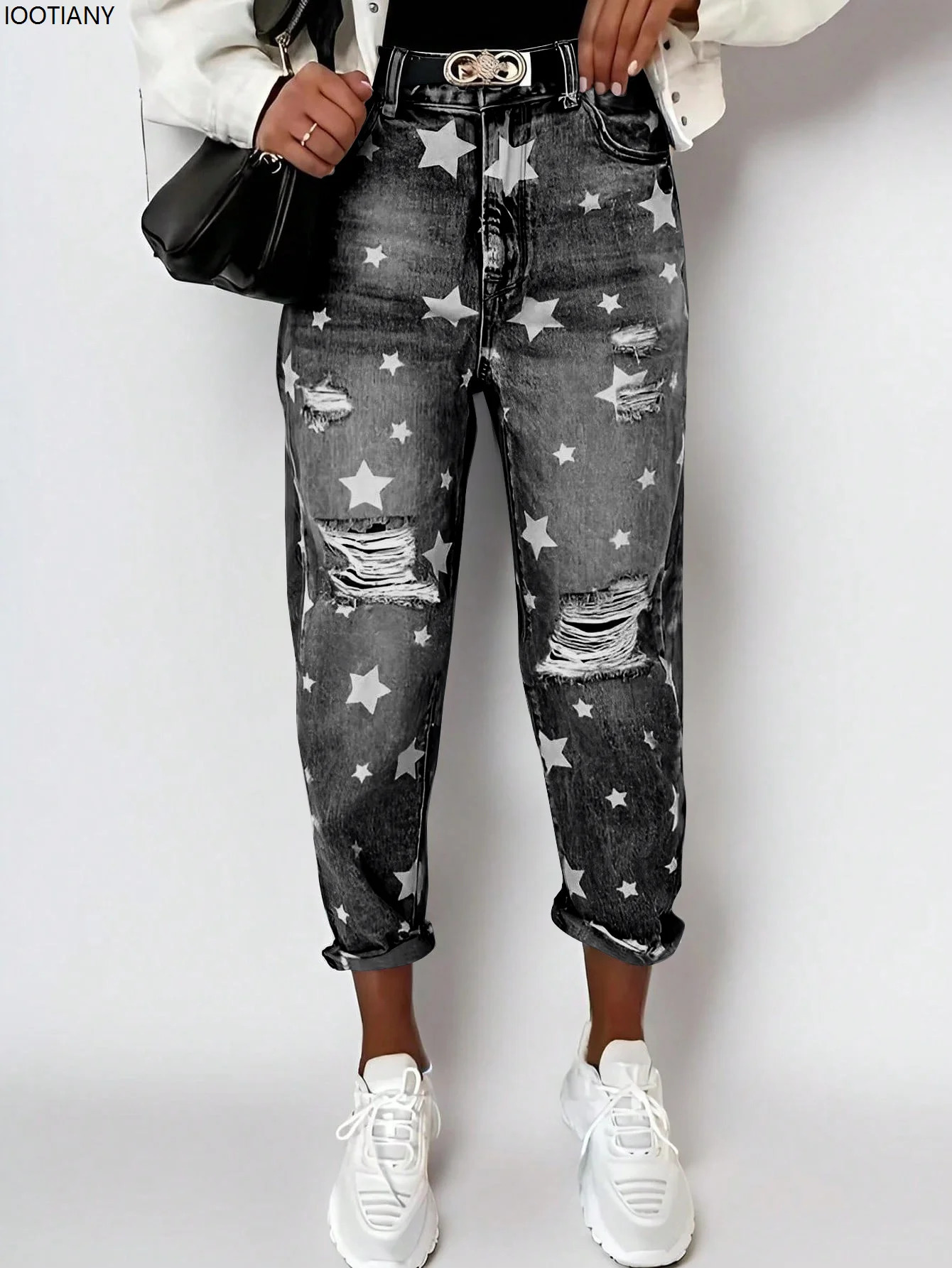Boyfriend Jean's Slim Fit Ripped Fashion Fivepointed Star Street Casual Blue 2025 260910 - view 5