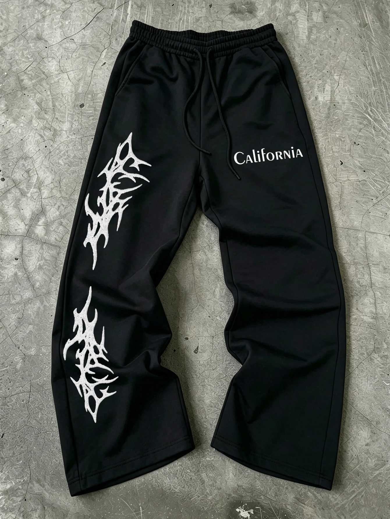 Men's Pants Men Y2K American Streetwear Baggy Sweatpants Asymmetric White Gothic Spike Letter California Text Print dr1 Wide Leg D260924 - view 6