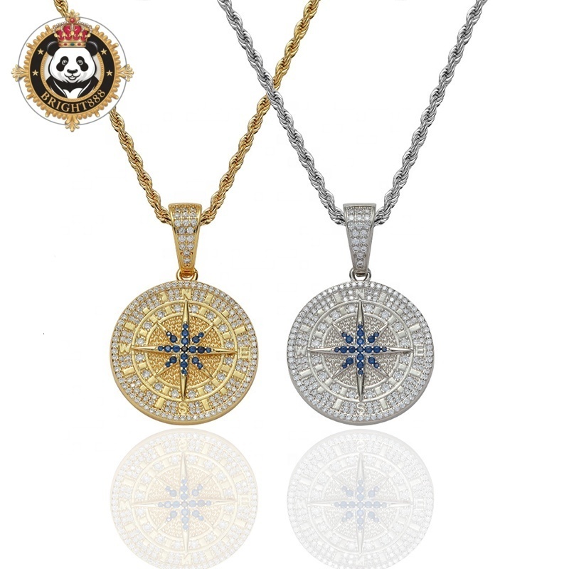 2026 Hip Hop Pendant Necklace 18K White Gold Plated Iced Out Jewelry Moissanite Bling Moissanite Compass Pendant Link Chain for Parties