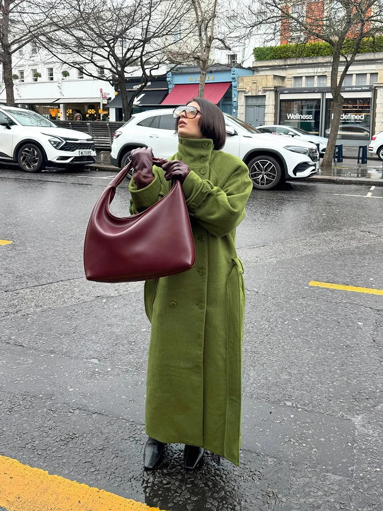 Women's High Stand Collar Double Breasted Woolen Overcoat Belted Waist Maxi Long Cuff Strap Loose Solid Coat Winter Urban Coats 260922 - view 7