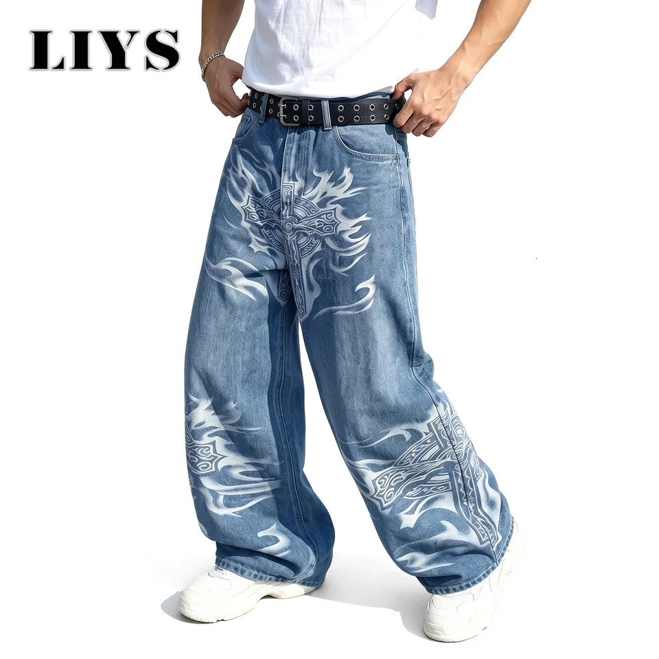 LIYS Men's Y2K Gothic Graffiti Print Baggy Ultra Wide Leg Jeans Hip Hop Streetwear Loose Casual Skater Denim Pants Unisex 260923 - view 6