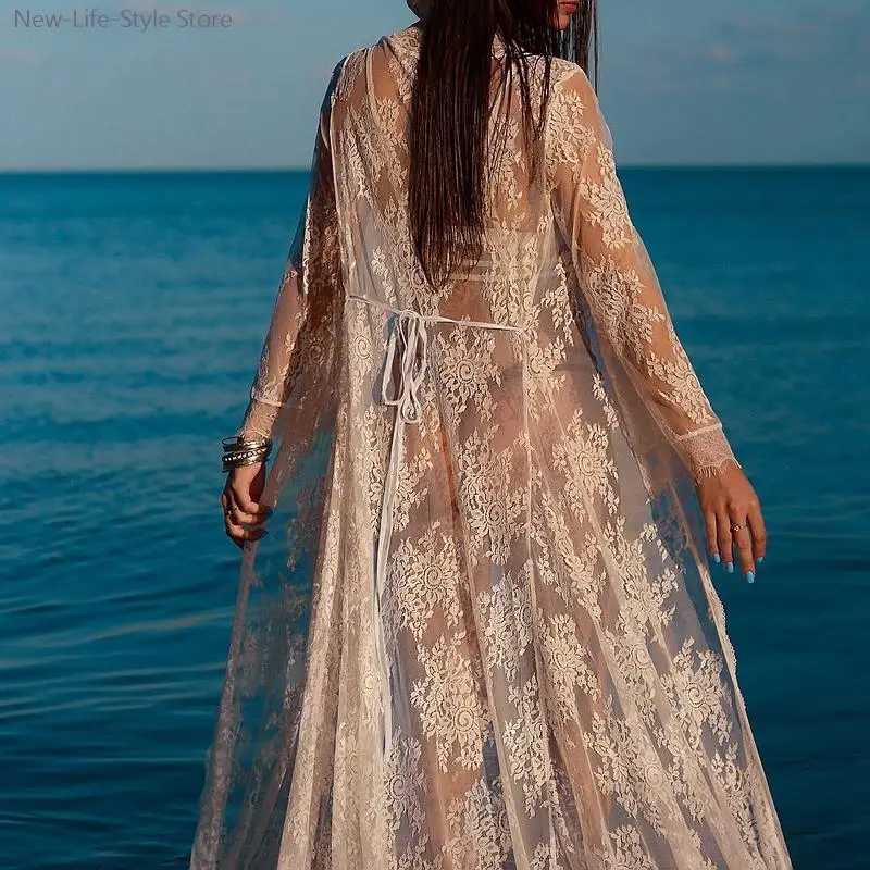 Lounge Women's Sleep White Lace Sheer Long Nightgown Women's Bridesmaid Robe Sexy Kimono Style Sleepwear Femme Bathrobe Bride Sexy Lingerie  - view 4