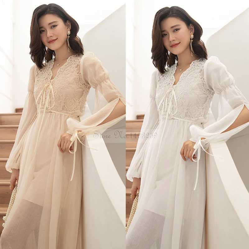 Lounge Women's Sleep Luxury Trail Bride Wedding Robe Nightgown French Elegant Kimono Bathrobe Gown Sleepwear Women Sexy Lace Perspective Home Dre - view 5