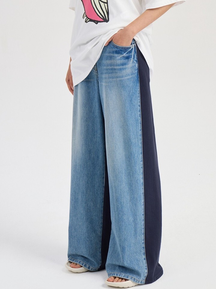 Selfwill Lucky Personality Fashionable Loose Wide Leg Jeans Color Block Front And Back Slimming High Waist Cotton Denim Pants - view 3