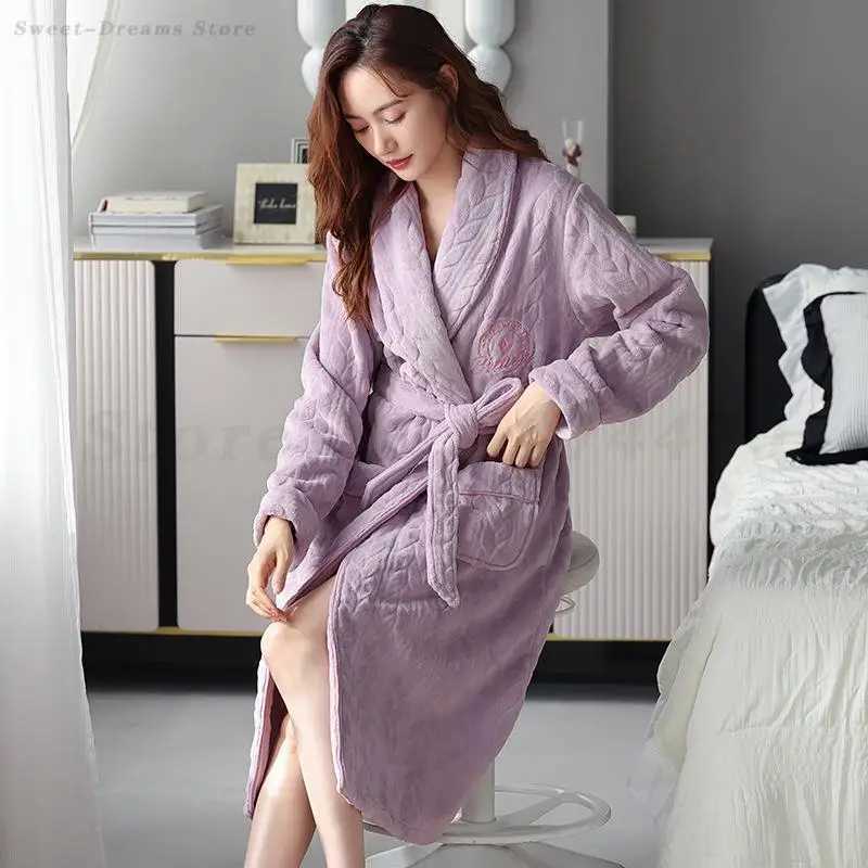 Lounge Women's Sleep Winter Flannel Thicken Robe Women Long Sleeve Bathrobe Kimono Gown Sleepwear with Pocket Plus Size 4XL Home Clothing Loungew - view 5