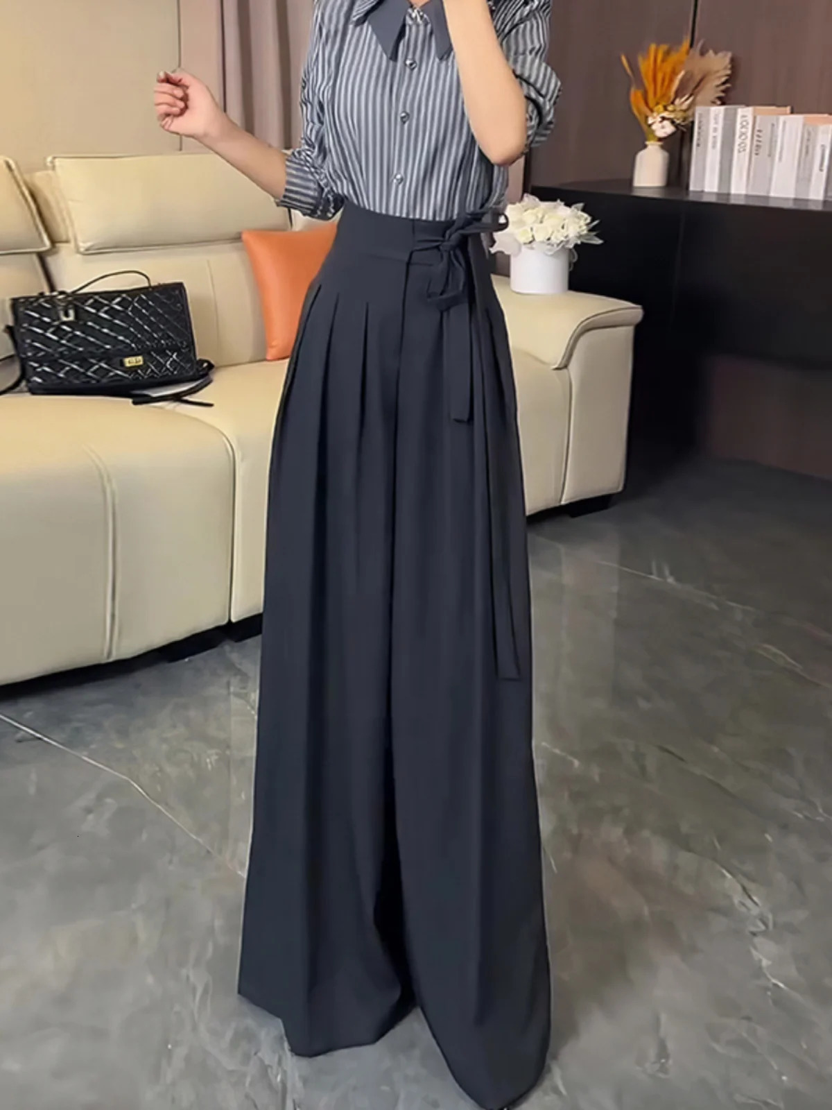 Korean Royal Sister Style Gray Suit Pants Women's High Waist Drape Strap n Wide Leg Trousers 260923