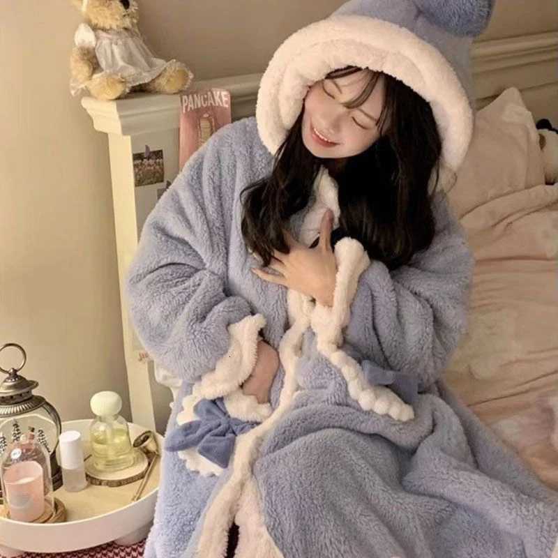 Sleep Lounge Women's Cozy Blue Women Sleepwear Bow Hooded Long Fleece Nightgown Thick Plush Loungewear Kawaii Winter Warm Homewear TopC260924 - view 5