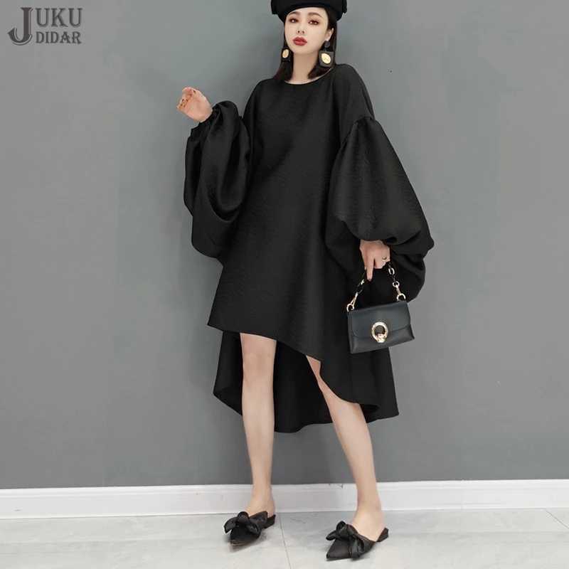Sleep Lounge Women's New Winter Lantern Sleeve Long Back Design Woman Black Dress Loose Fit Chic Very Big Size Casual Streetwear Large Robe JKXD1