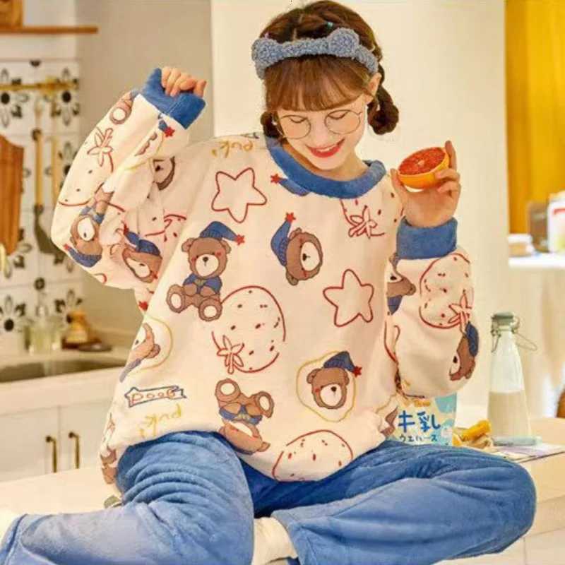 Lounge Women's Sleep Thickened Warm Sleepwear for Winter Plus Size Padded Flannel Long Sleeve Student Pajamas Loungewear Two Piece Nightwear Home - view 5