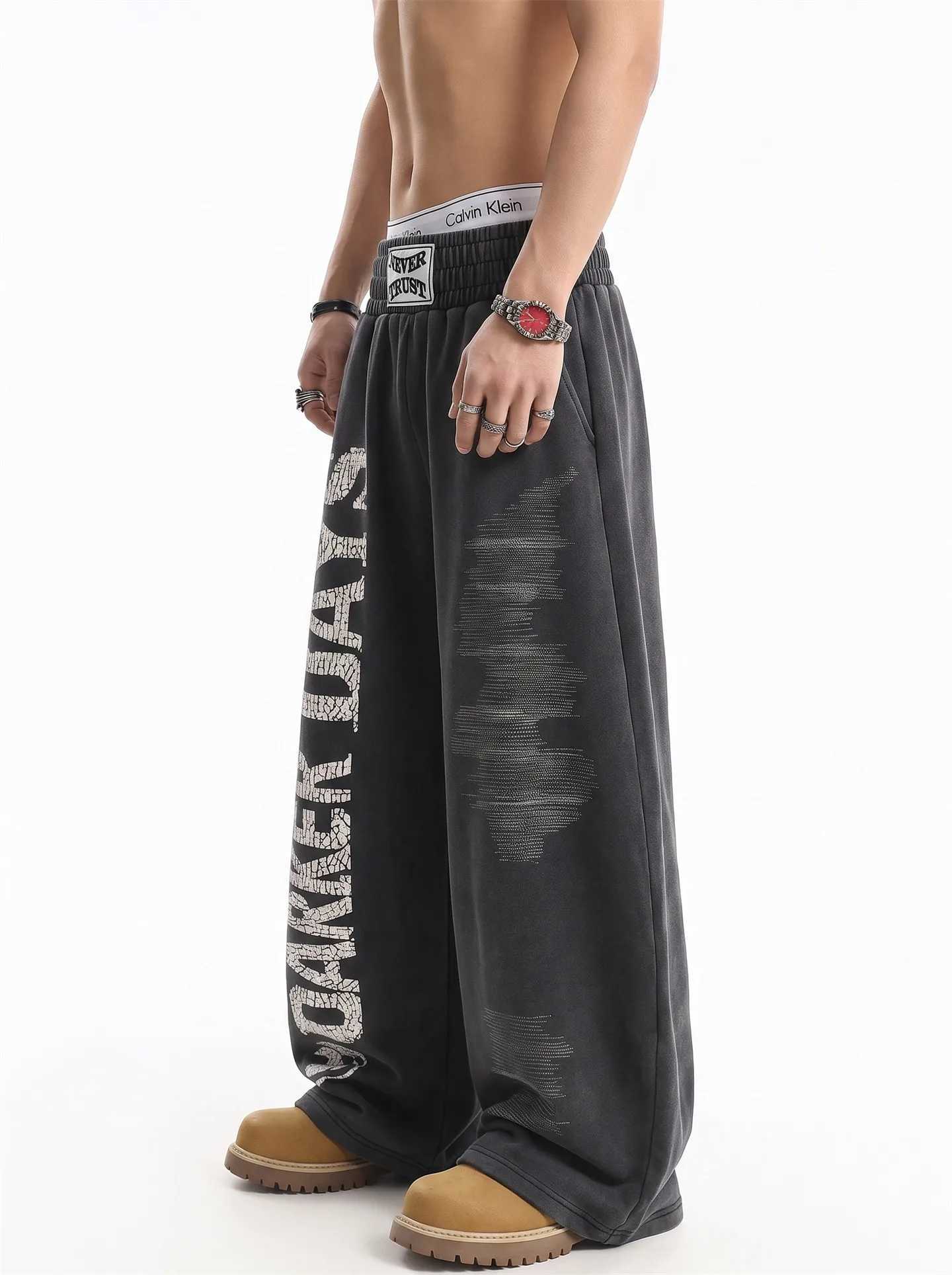 Men's Jeans Retro American High Street Washed out Sweatpants Men's Loose Casual Sports Cotton Trousers Drawstring Wide Leg Pants H260924 - view 6