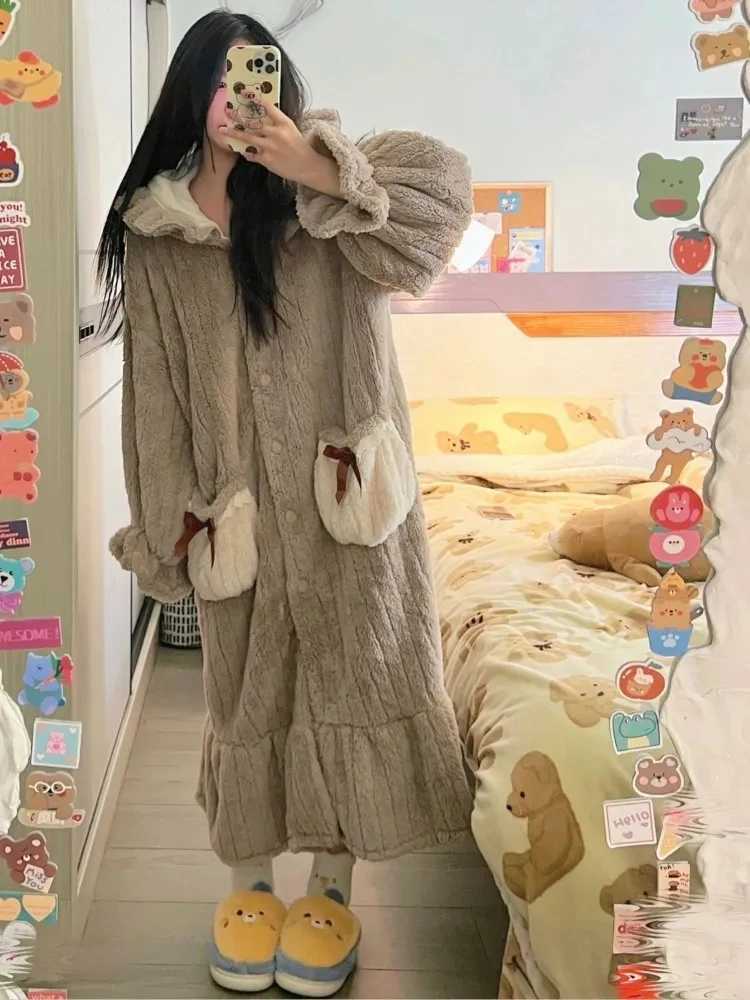 Lounge Women's Sleep Women's Winter Bathrobe Hooded Thick Warm Ladies Flannel Dressing Gown Solid Cute Korea Style Night Wear Bath Robe for  - view 4