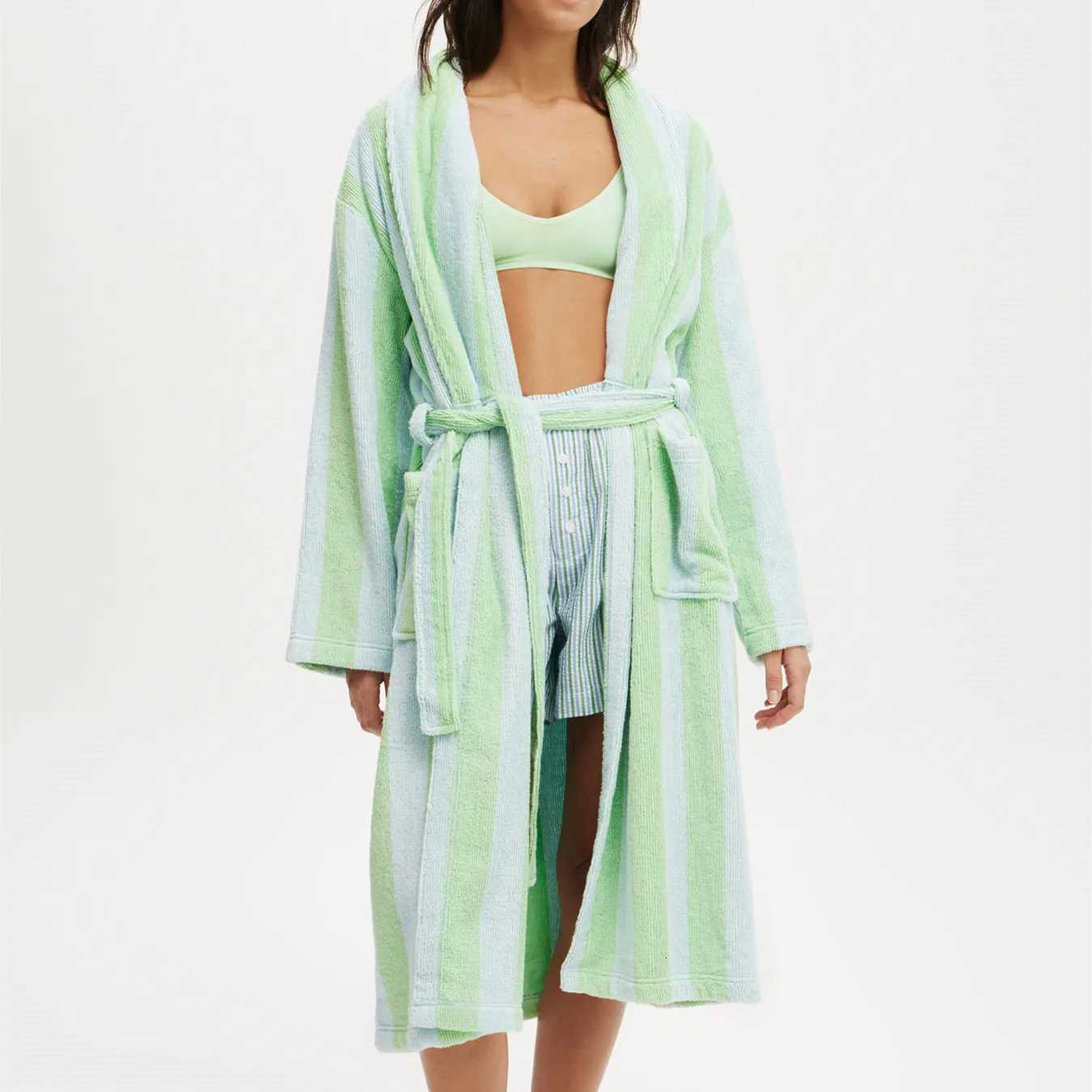 Sleep Lounge Women's Women's Shawl Robe Loungewear Winter Fall Plush Striped Terry Cloth Bathrobe with Pocket Long Sleeve Knee Length Lounge