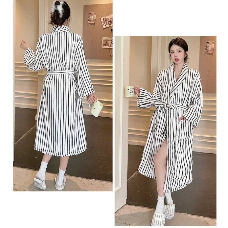 Sleep Lounge Women's Thickened Flannel Robe Nightgown Women's Winter Long Morning Gown Bathrobe Striped Hooded Nightdress Coral Fleece Home  - view 7