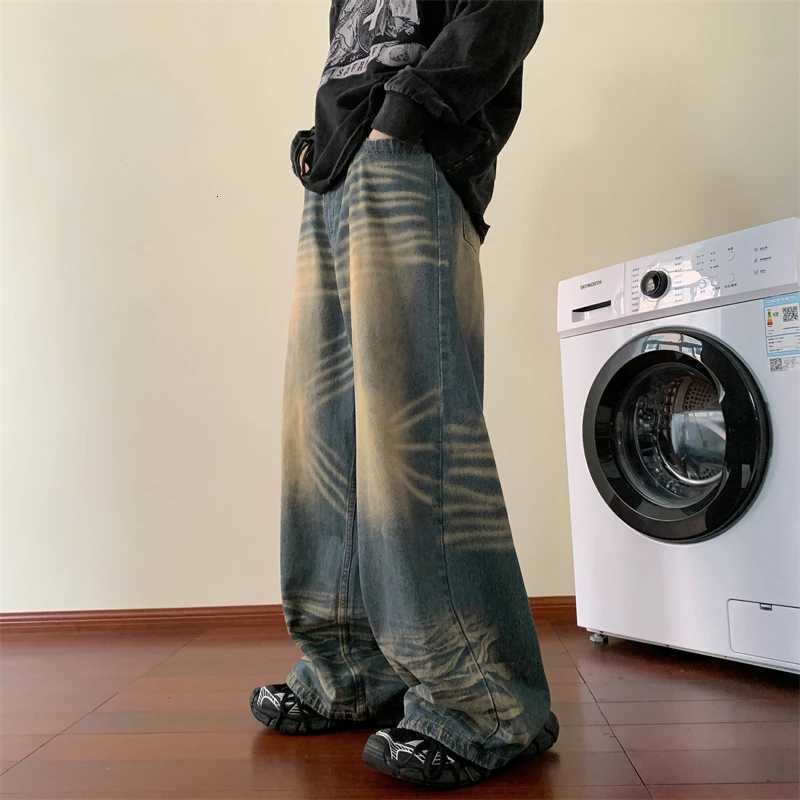 Men's Jeans Fashion Blue Tie-dye Wide-leg Jeans Men Distressed Baggy Straight Denim Pants Men High Street Jean Pants Mopping Trousers H260924 - view 5