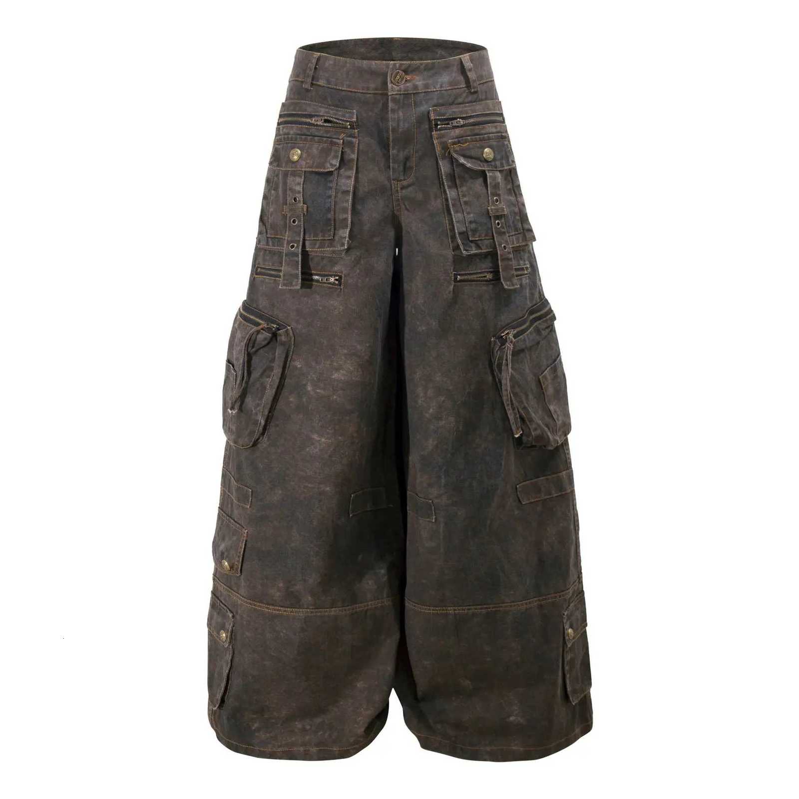 Men's Jeans Grunge Techwear Wide Leg Cargo Pants Y2K Utility Trouser with Multi Pockets High Waist Vintage Streetwear Denim Jeans Daily Wear H260 - view 5