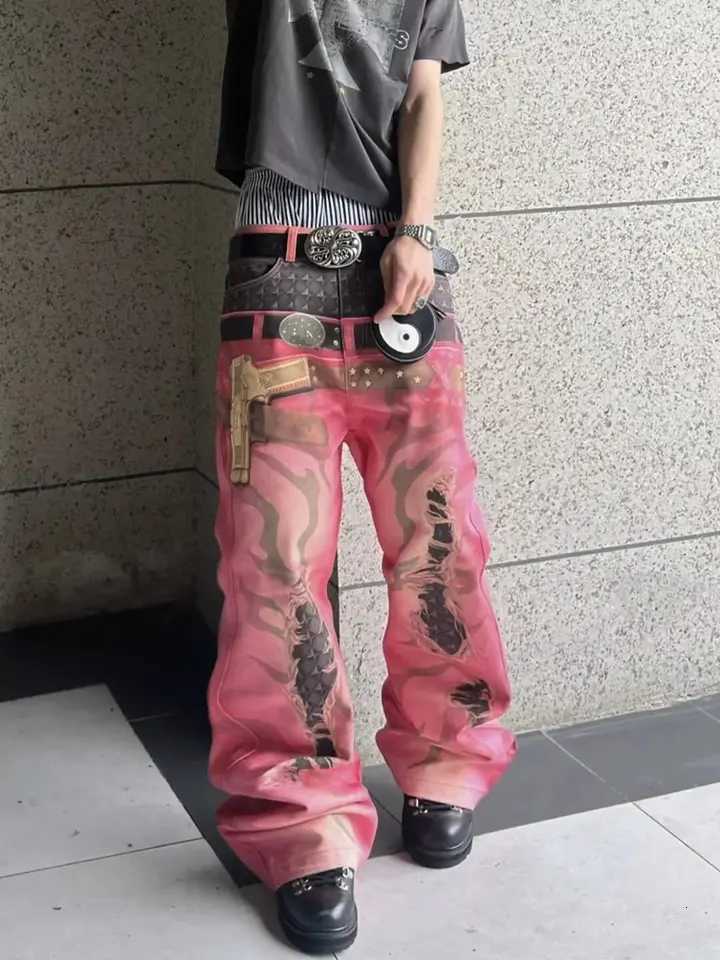 Men's Jeans Y2K American Vintage Personalized Mottled Totem Print Baggy Jeans Men's High Waist Wide Leg Jeans Trendy Hip-hop Jeans H260924 - view 6