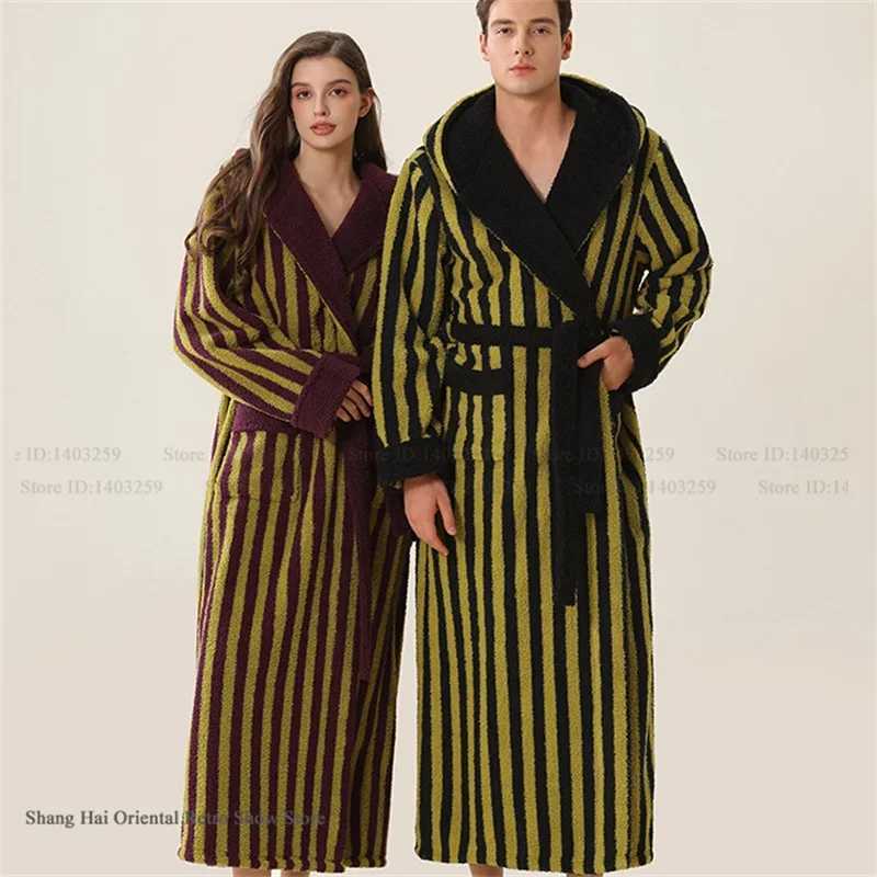 Lounge Women's Sleep Autumn Winter New Couple Long Robe Flannel Stripe Sleepwear Home Clothes Loose Hooded Bathrobe Nightwear Coral Fleece Lounge - view 4