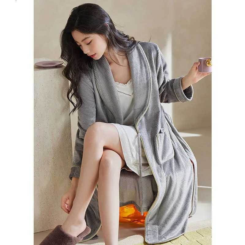 Sleep Lounge Women's Autumn Winter Women Island Velvet Long Bathrobes Sleepshirts Grey Home Dress Sleepwear Warm Comfortable Kimono Indoor Clothe - view 6