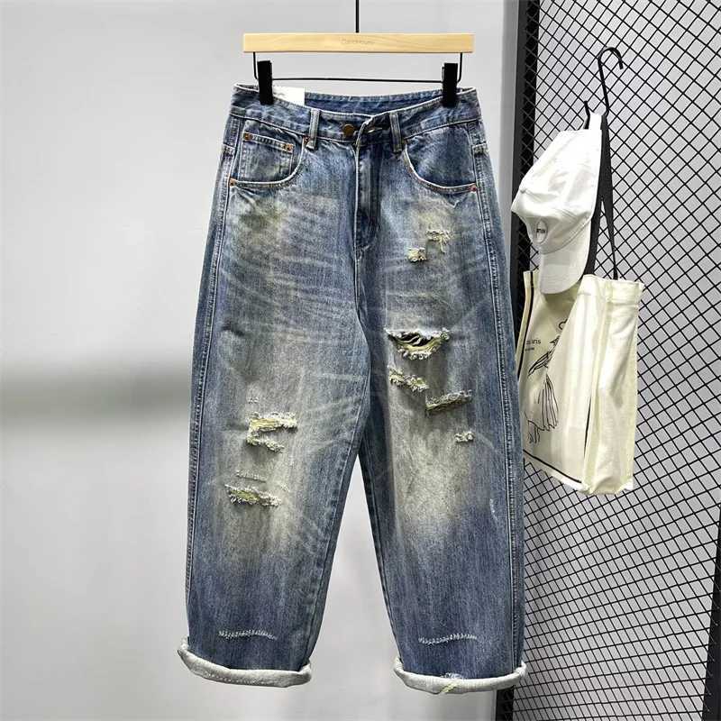 Men's Jeans Autumn Men's High Street Fashion Baggy Curved Denim Pants American Casual Retro Ripped Y2K Jeans Straight-leg Blue Jean H260924