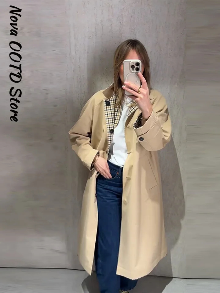 Fashion Reversible Plaid Long Trench Coat Women Single Breasted Long Windbreaker 2026 Spring Lady Classic Street Outwear 260924 - view 3