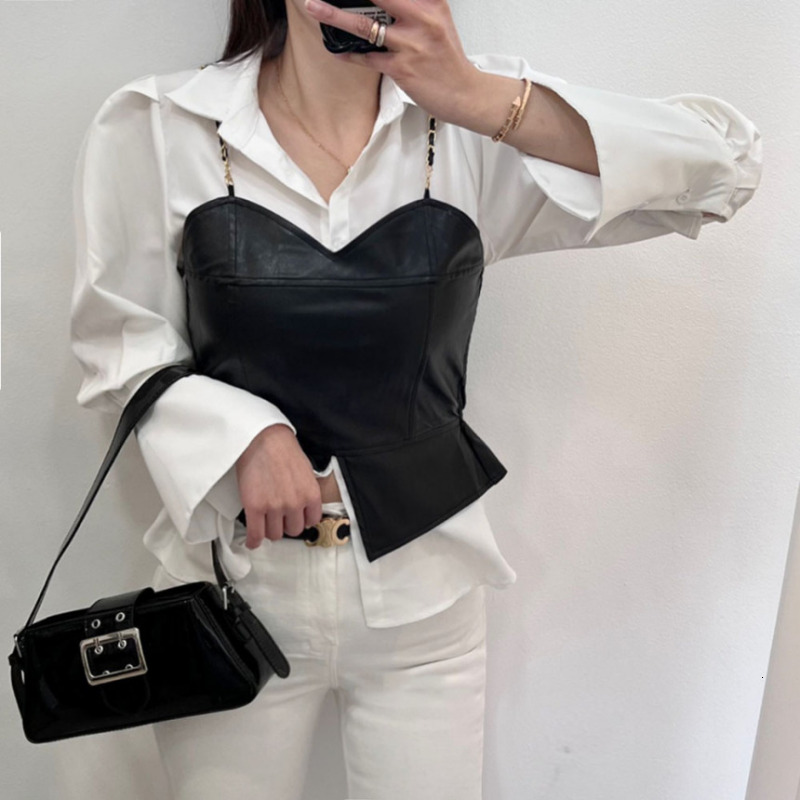 Elegant OL Style Shirt And PU Leather Vest Two-Piece Set Women's Fashion Design Turn-down Collar Trendy Autumn Collection - view 3