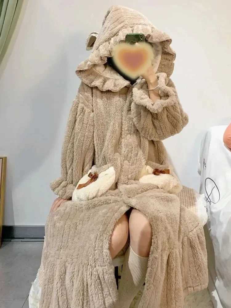 Lounge Women's Sleep Women's Winter Bathrobe Hooded Thick Warm Ladies Flannel Dressing Gown Solid Cute Korea Style Night Wear Bath Robe for  - view 3