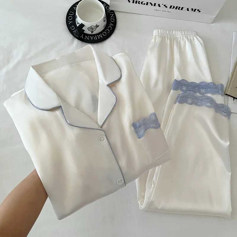 Women's Sleep Lounge New Ice Silk Women's Pajamas for Spring and Autumn Solid Color with Lace Trim Long Sleeve Lightweight Homewear Set H260 - view 7