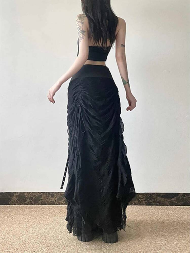 Y2k Vintage Temperament Lace Mesh Pleated Women Skirt High Waist Gothic Bow Slim Bandage A-line Long Skirts Chic Harajuku Faldas - view 4