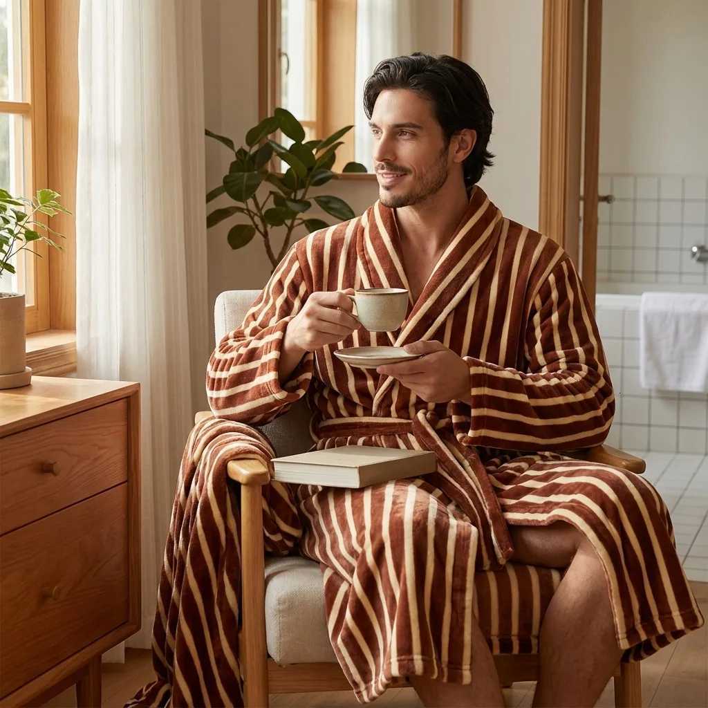 Sleep Lounge Women's Autumm Winter New Flannel Robe Kimono Gown Sleepwear Men's Thicken Warm Stripe Bathrobe Home Clothes Coral Fleece Loung
